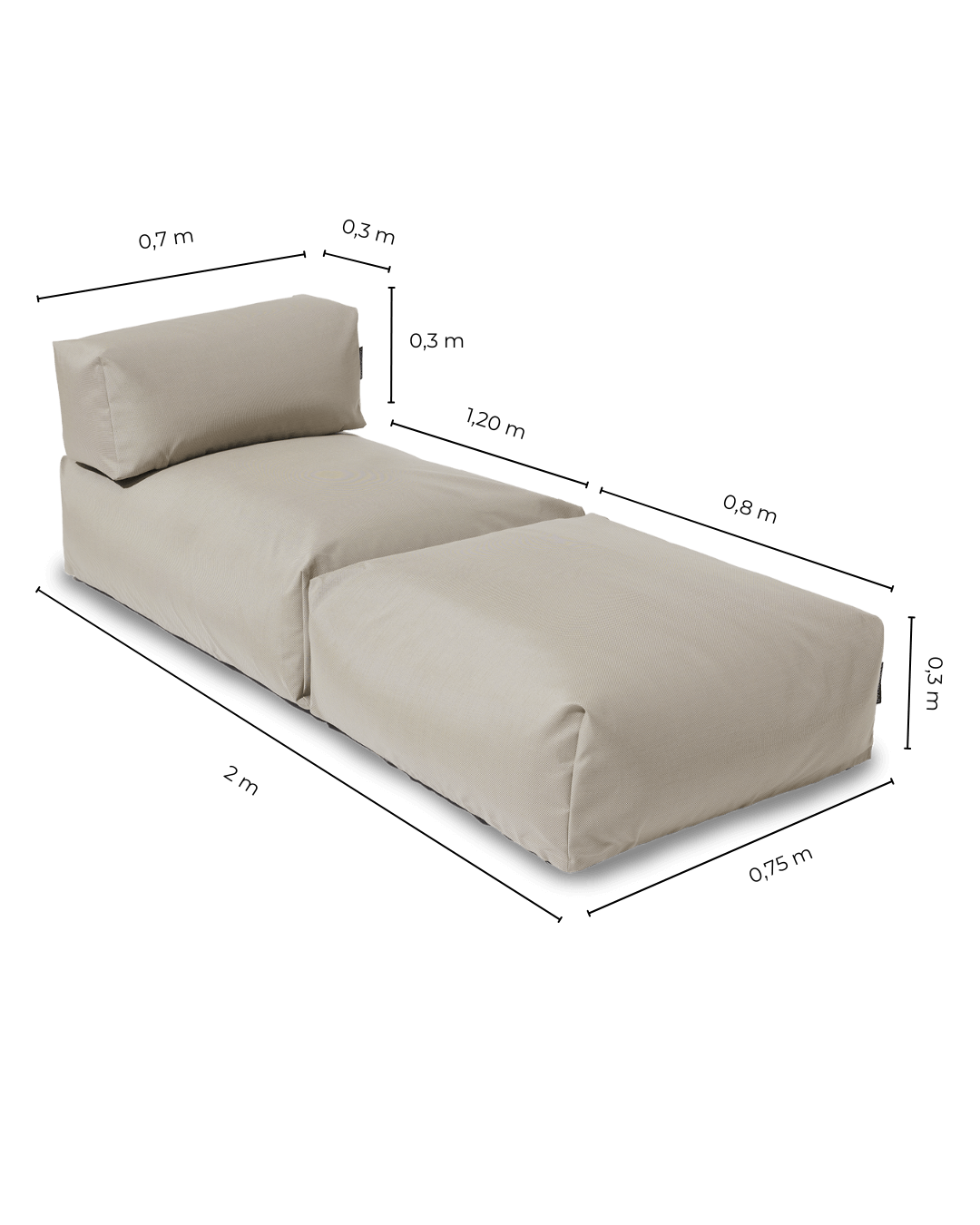 Skizze, die die genauen Maße des Poolsofa Single zeigt. $ Poolsofa Single