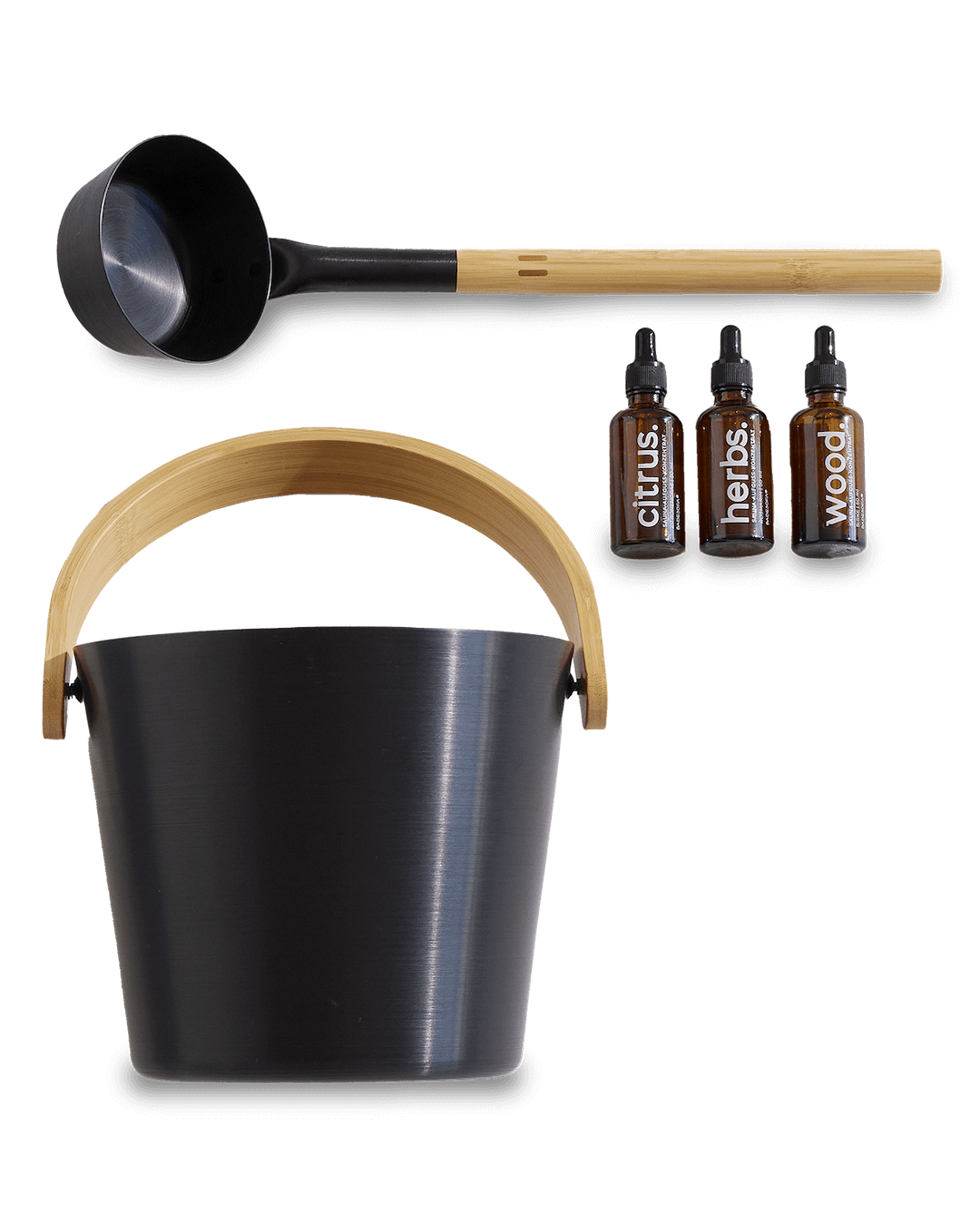 Saunakübel, Saunakelle und drei Fläschchen Saunaaufguss-Konzentrat von Badesofa.